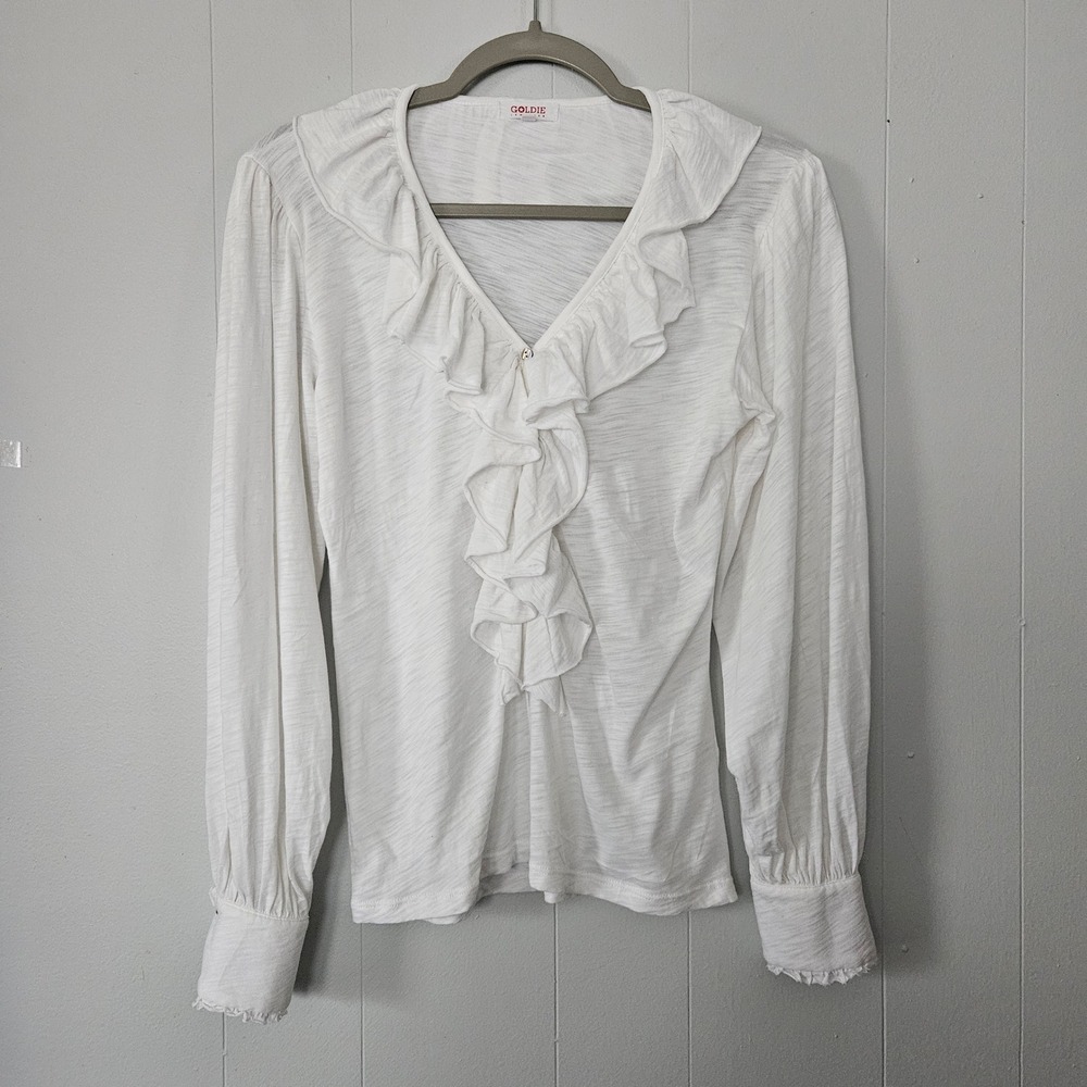 Ruffle Poet Blouse Womens XS White Button Up Pima Cotton Jersey Knit Victorian